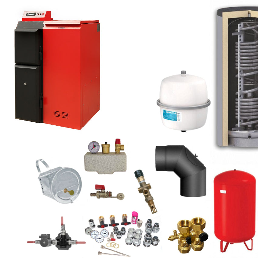 Heizungsset mit Pelletheizung, Hygienespeicher, Ausdehnungsgefaessen, Ventilen, Pumpen und Montagematerial | Klimaworld.com