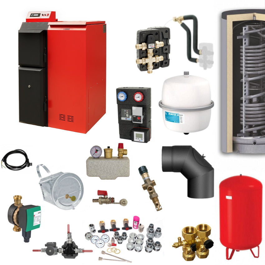 Heizsystem-Set mit Pelletkessel, Pufferspeicher, Pumpengruppe, Ventilen, Ausdehnungsgefaessen und Zubehoer | Klimaworld.com
