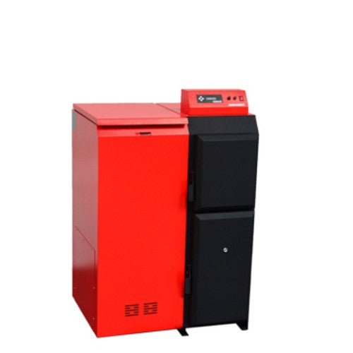 ThermoFlux Pelletheizung Pelling 25 ECO in Rot-Schwarz mit eckigem Pelletbehaelter seitlich links | Klimaworld.com