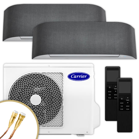 Carrier Multisplit Klimaanlage Set mit zwei Innengeraeten, weissem Aussengeraet und schwarzen Fernbedienungen | klimaworld.com