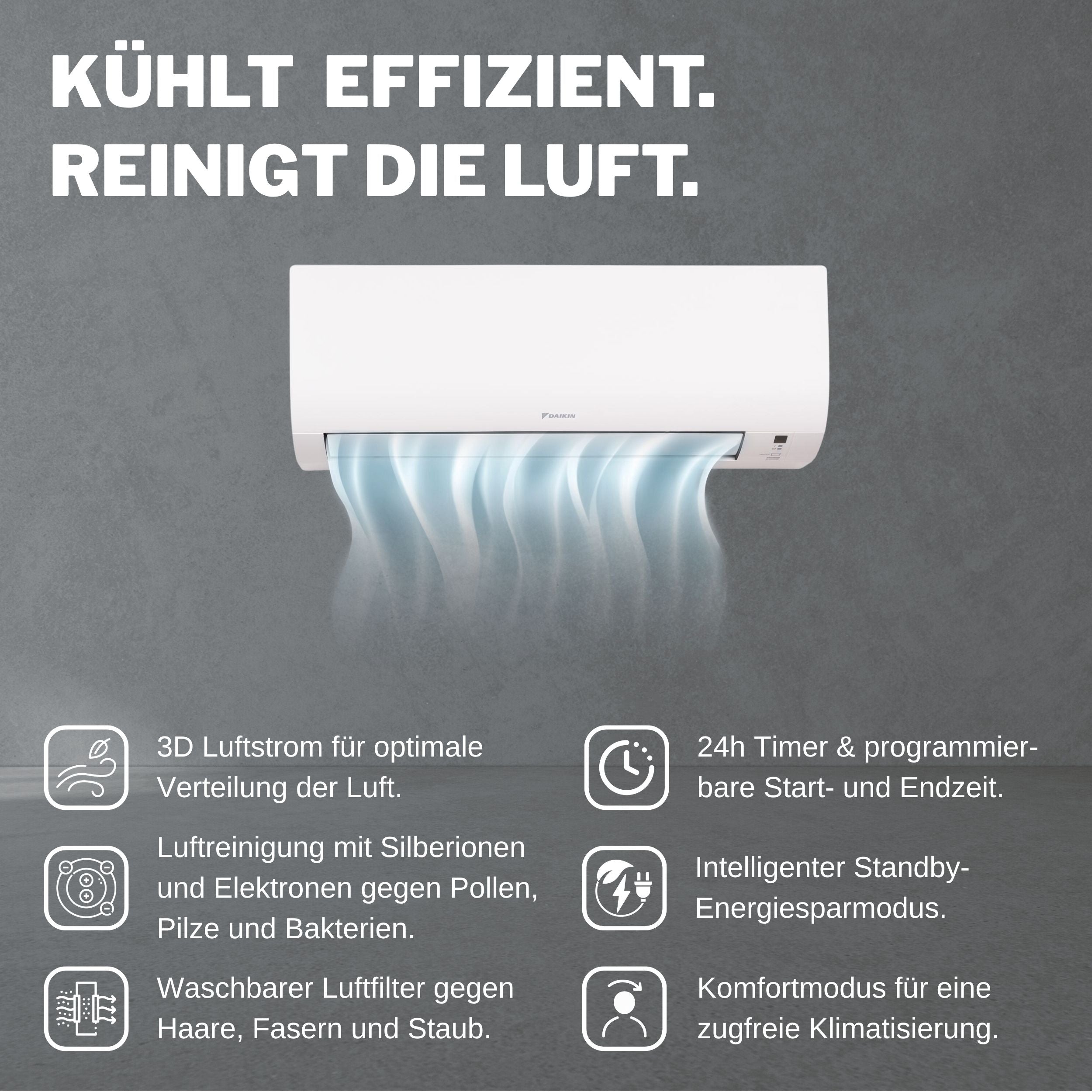 Daikin Comfora Wandgeraet mit grafisch dargestelltem Luftstrom, Werbetext und Funktionssymbolen auf grauem Hintergrund | Klimaworld.com