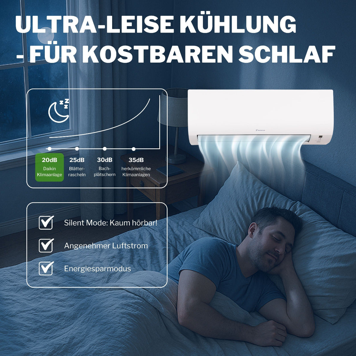 Daikin Comfora Wandgeraet ueber Bett, kuehler Luftstrom sichtbar, schlafende Person, Infografik Lautstaerke | Klimaworld.com