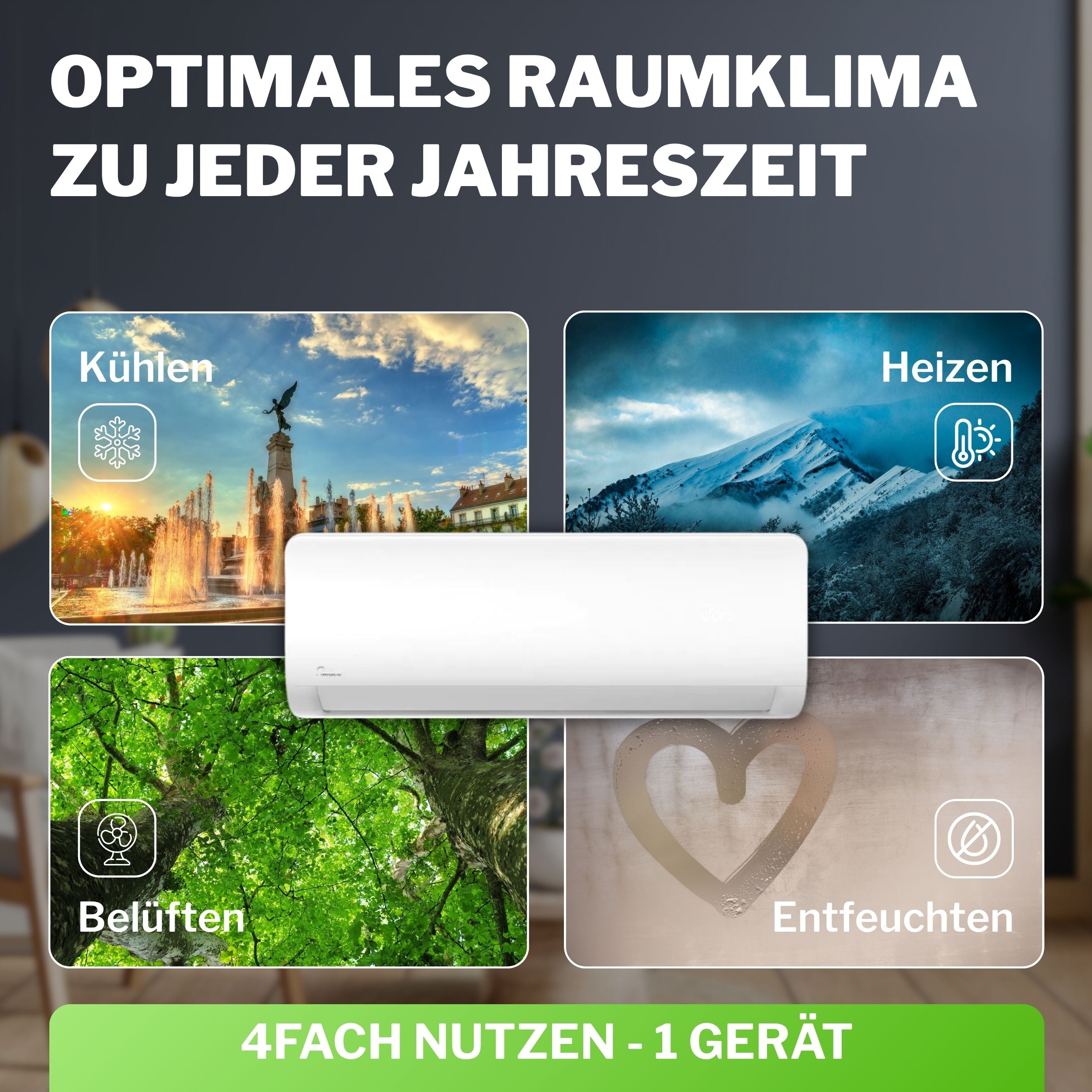 Werbebild zur Midea Xtreme Save Pro mit vier Szenen zu Kuehlen, Heizen, Belueften und Entfeuchten | Klimaworld.com