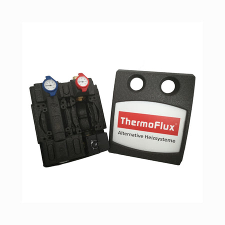 ThermoFlux Pumpengruppe ohne Pumpe fuer gemischte Heizkreise mit blauem und rotem Thermometer und Isolierabdeckung | Klimaworld.com
