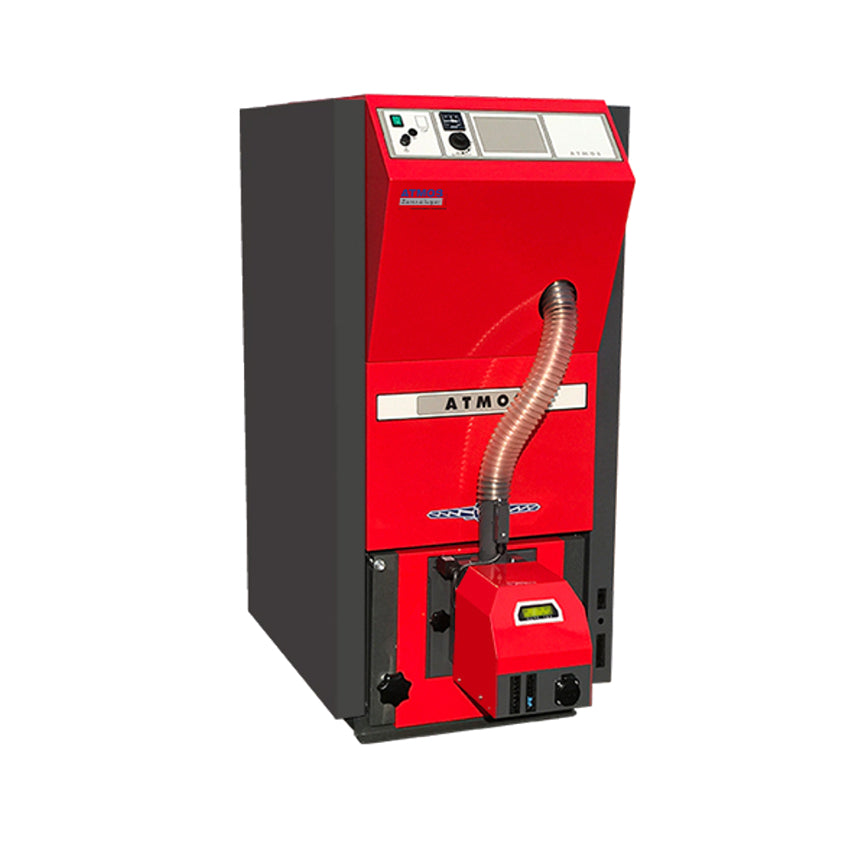 Atmos roter PX25 Pelletkessel mit ausgeschaltetem Display | klimaworld.com