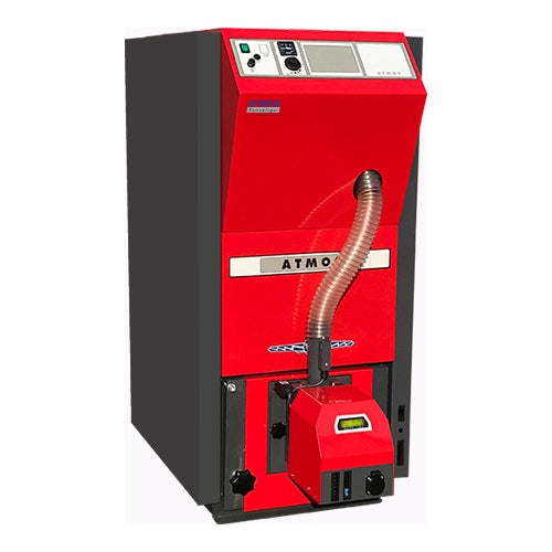 Roter Atmos PX15 Pelletkessel frontal, mit Brenner und klar sichtbarer Bedienfront | klimaworld.com
