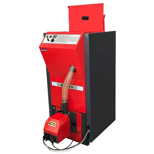 Atmos PX15 Pelletkessel mit geoeffnetem oberen Deckel und sichtbarem integriertem Vorratsbehaelter | klimaworld.com