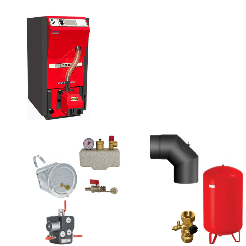 Pelletkessel Set mit Zugbegrenzer, Sicherheitsgruppe, Ruecklaufanhebung, Ausdehnungsgefaess und Ventil | Klimaworld.com