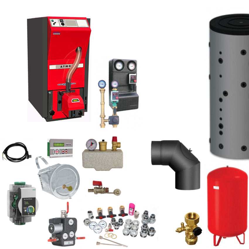 Heizsystem Set mit Pelletkessel, Pufferspeicher, Pumpengruppe, Ausdehnungsgefaess und Montagezubehoer | Klimaworld.com