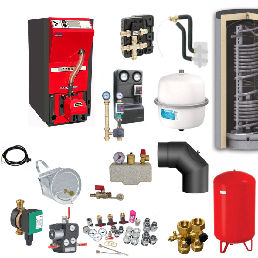 Heizsystem-Set mit Pelletkessel, Pufferspeicher, Pumpengruppe, Ventilen, Ausdehnungsgefaessen und Zubehoer | Klimaworld.com