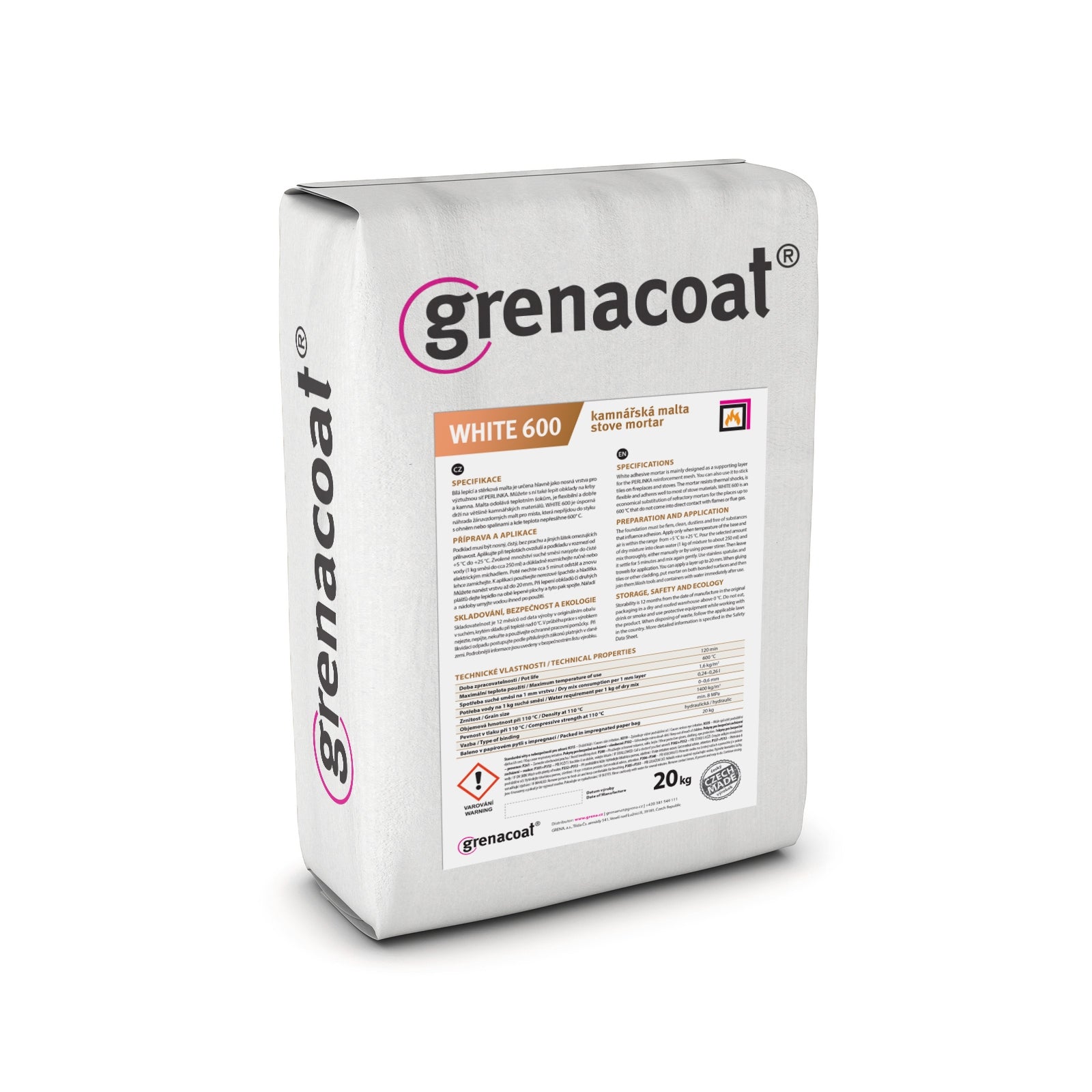 Haftmörtel Kleber Feuerungsmörtel weiß | Grenacoat White 600 | 20 kg -> Klimaworld.com