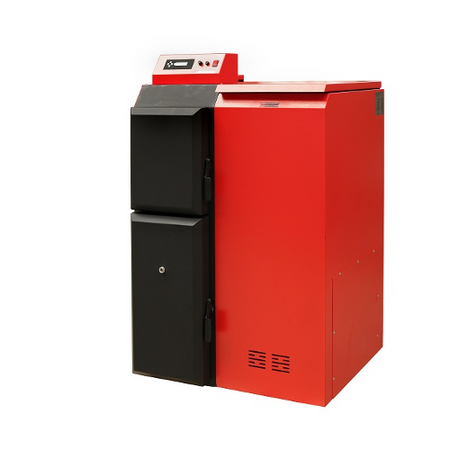Roter Thermoflux Pelling 35 ECO Pelletkessel mit schwarzer Front und Steuerdisplay auf der Oberseite, Pelletbehaelter rechts | Klimaworld.com