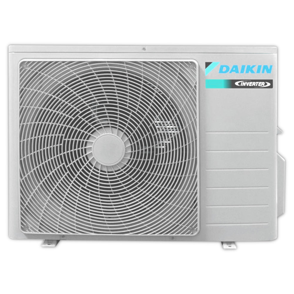 Daikin Sensira Aussengeraet in Grau mit grossem runden Lueftergitter und blauem Markenlogo rechts oben | Klimaworld.com
