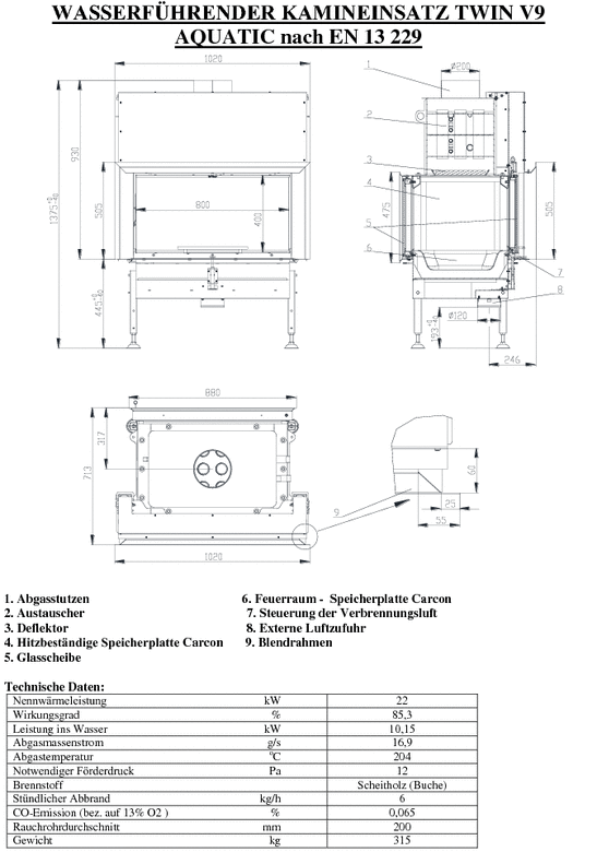 Wasserkamineinsatz durchsicht Twin V 9 Aquatic 22 kW BEF Home Set 1
