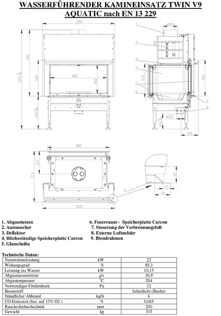 Wasserkamineinsatz durchsicht Twin V 9 Aquatic 22 kW BEF Home Set 1