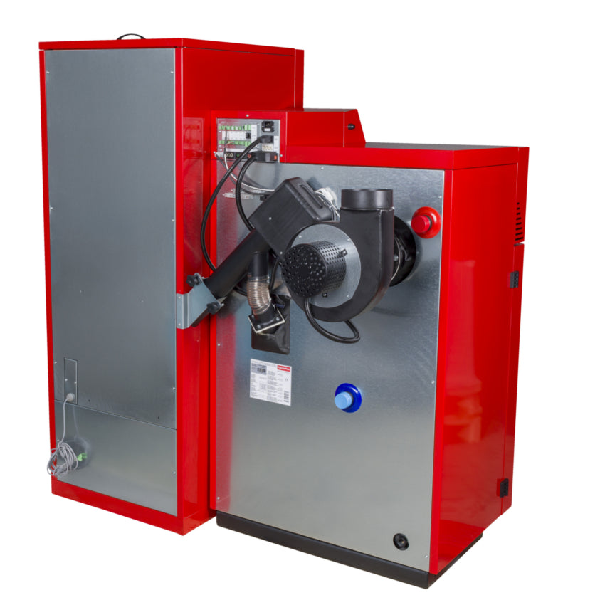 ThermoFlux Pelletkessel PellFlux Lambda in Rot mit sichtbarer Foerderschnecke, Geblaese und Anschlussmodulen auf der Rueckseite | Klimaworld.com