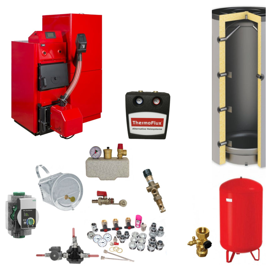 ThermoFlux HKK 30 BioFlux 35 Plus Heizsystem Set mit Pelletkessel, Pufferspeicher, Pumpengruppe, Ausdehnungsgefaess und Montagezubehoer | Klimaworld.com
