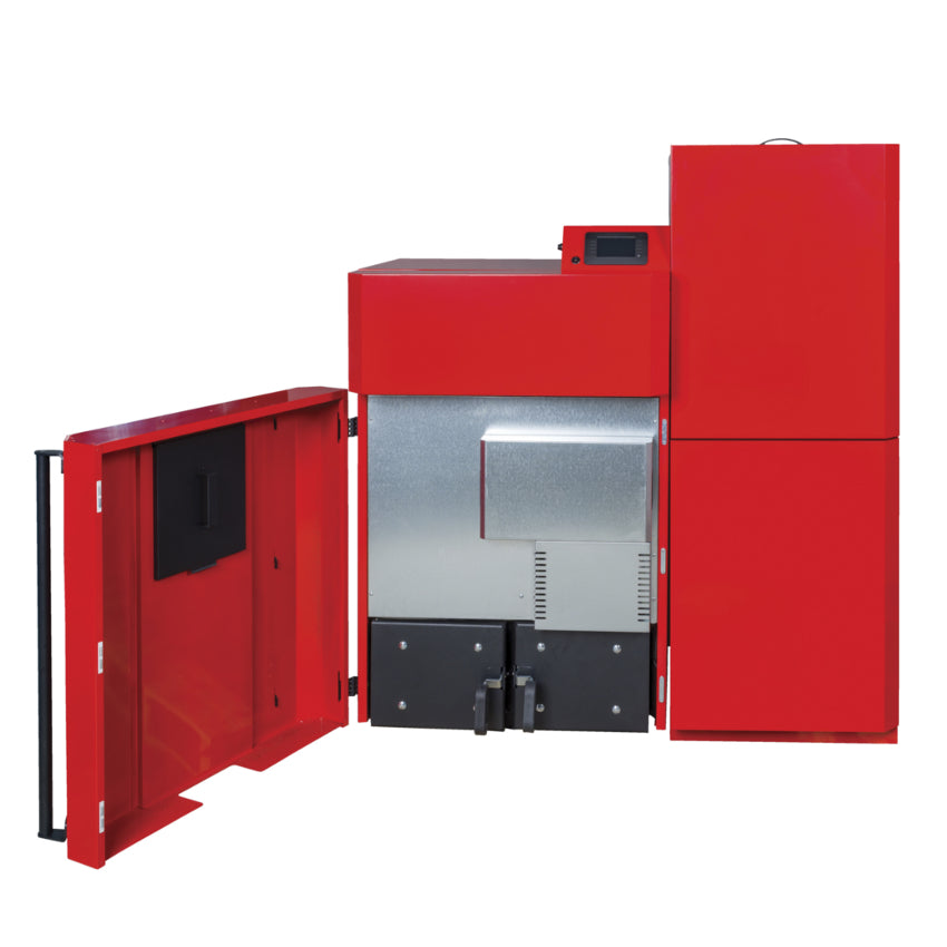 ThermoFlux Pelletheizkessel PellFlux Lambda in rot mit geoeffneter Fronttuer und sichtbarem Innenbereich | Klimaworld.com