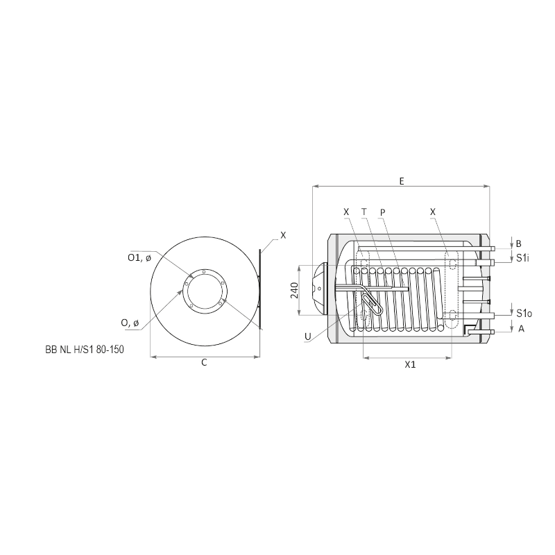 technische Zeichnung - ThermoFlux Elektro-Warmwasserspeicher BB NL 100 horizontal 1 WT | 1,5 kW