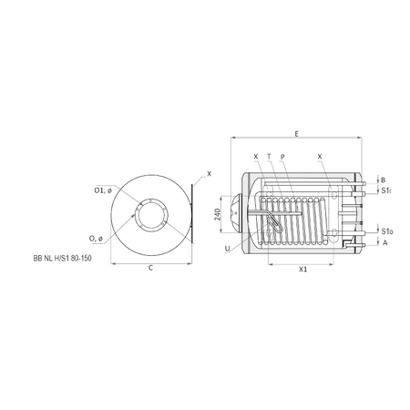 technische Zeichnung - ThermoFlux Elektro-Warmwasserspeicher BB NL 100 horizontal 1 WT | 1,5 kW