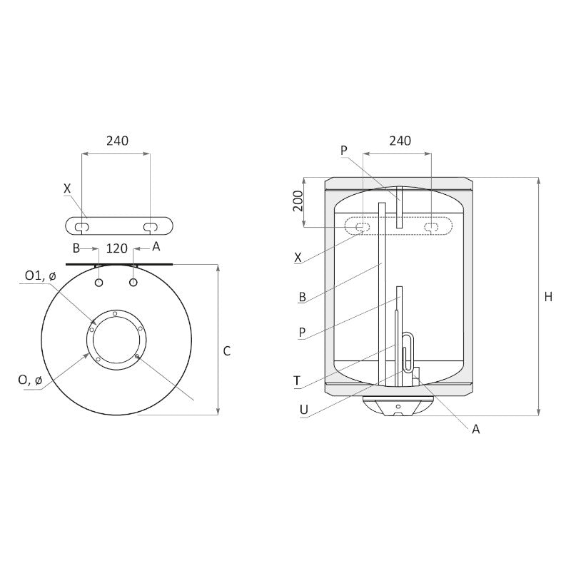 technische Zeichnung - ThermoFlux Elektro-Warmwasserspeicher BB 120 vertikal | 2 kW