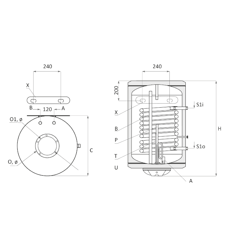 technische Zeichnung - ThermoFlux Elektro-Warmwasserspeicher BB NL 80 vertikal links 1 WT | 2 kW