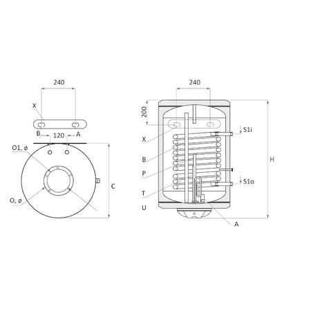 technische Zeichnung - ThermoFlux Elektro-Warmwasserspeicher BB NL 80 vertikal links 1 WT | 2 kW