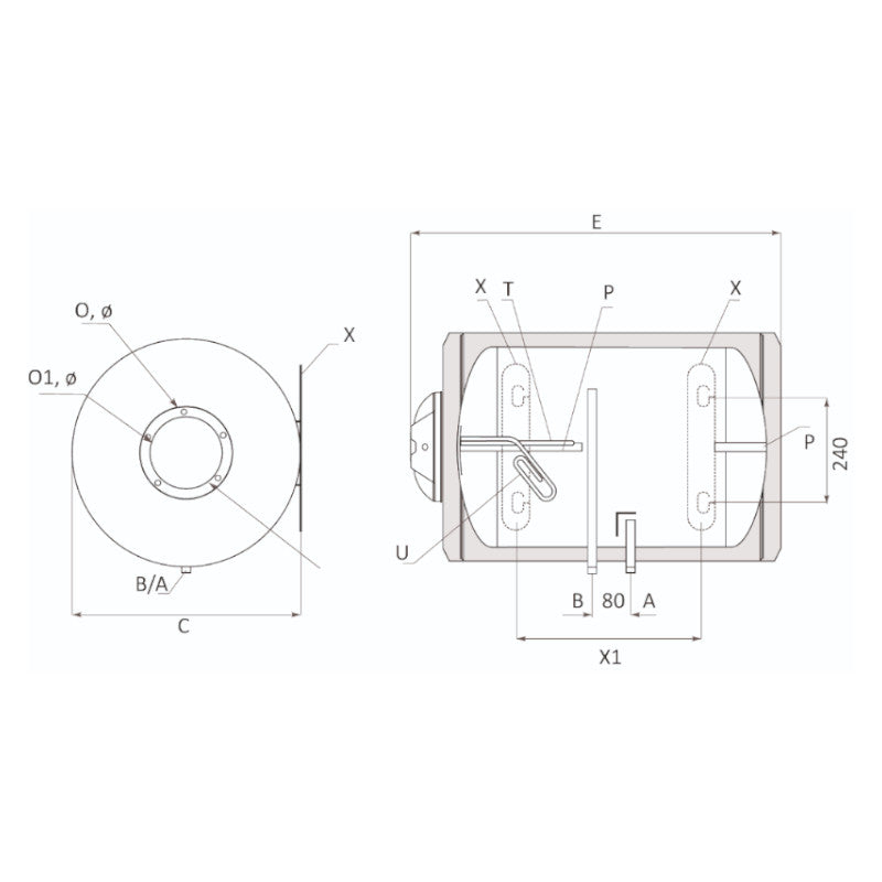 technische Zeichnung - ThermoFlux Elektro-Warmwasserspeicher EWSP 120 horizontal | 2 kW