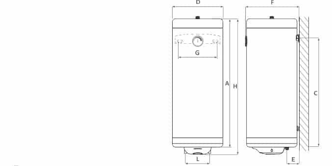 technische Zeichnung - ThermoFlux Elektro-Warmwasserspeicher MB Slim 80 vertikal | 2 kW