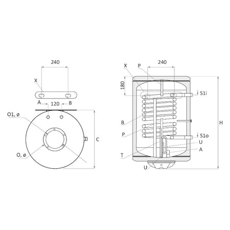 technische Zeichnung - ThermoFlux Elektro-Warmwasserspeicher MB NL2 80 vertikal | 1 WT| 2 kW