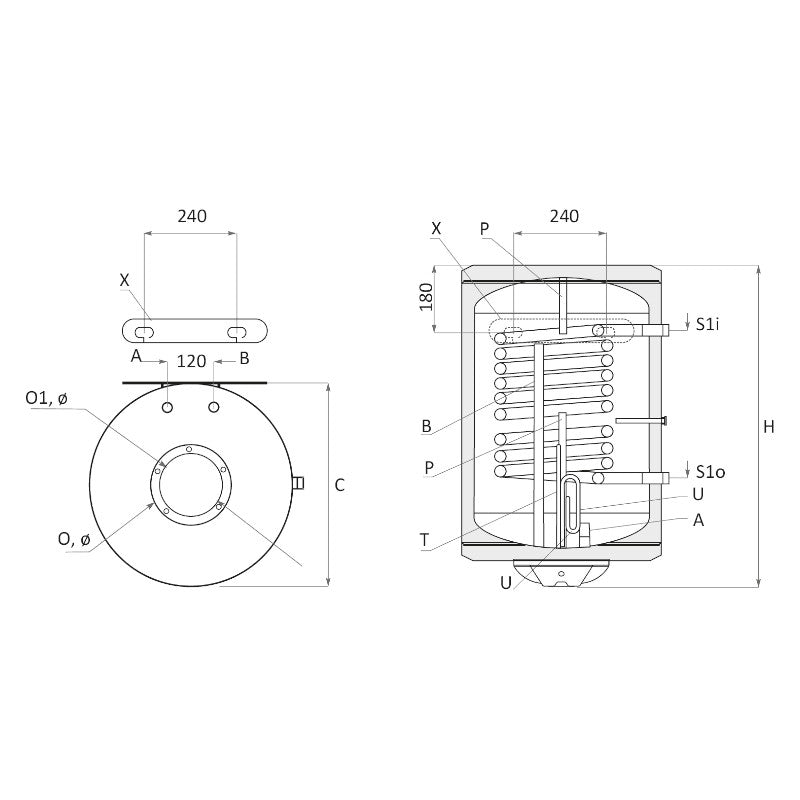 technische Zeichnung - ThermoFlux Elektro-Warmwasserspeicher MB NL2 80 vertikal | 1 WT| 2 kW