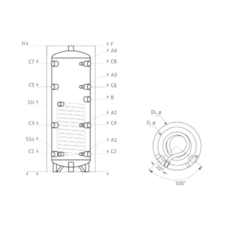 Technische Zeichnung ohne Abmaße - ThermoFlux Pufferspeicher PBM-R 150 | mit einem Wärmetauscher | www.klimaworld.com