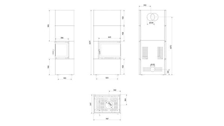 Technische Zeichnung - Kratki Kaminofen Simple Box 8 | Bauart 1 | 8 kW | rechts
