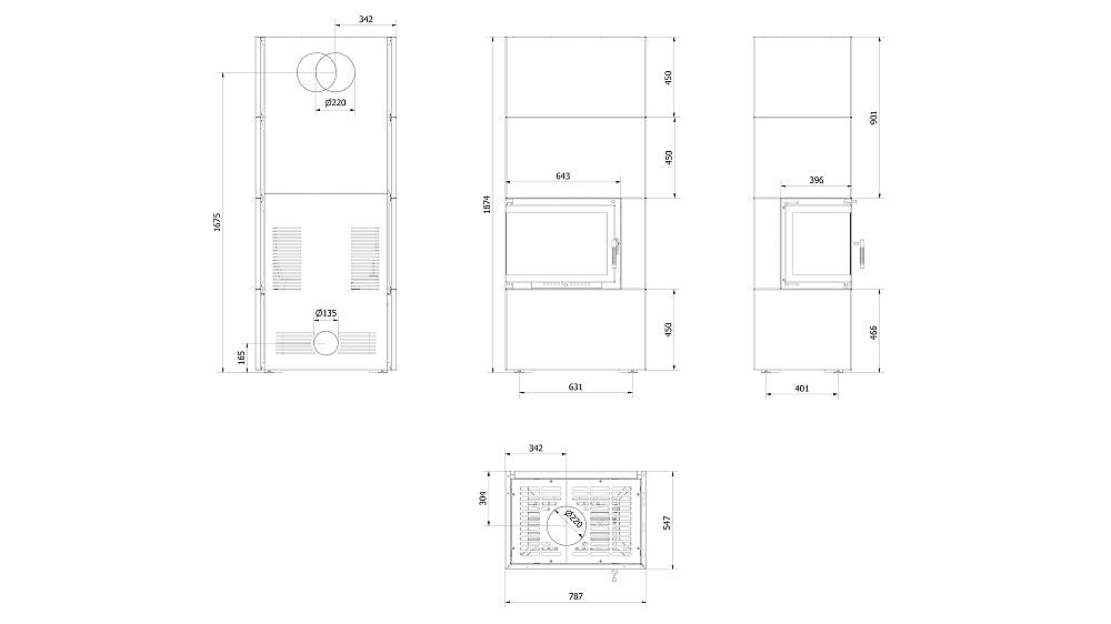 Kratki Kaminofen Simple 8 - links | Bauart 1 | Bausatz schwarz | 8 kW - technische Zeichnung