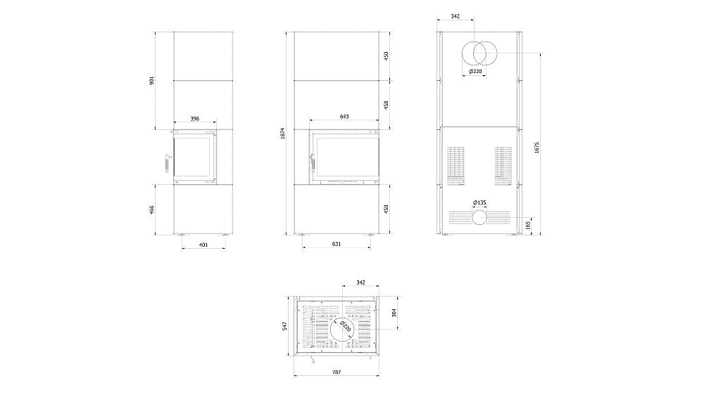 Kratki Kaminofen Simple 8 - rechts | Bauart 1 | Bausatz schwarz | 8 kW - technische Zeichnung