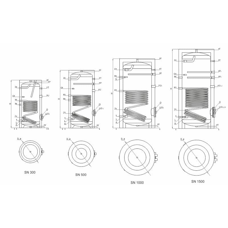 Technische Zeichnung ohne Abmaße - ThermoFlux Brauchwasserspeicher TBWS-R 300 Trinkwasser | 1 WT