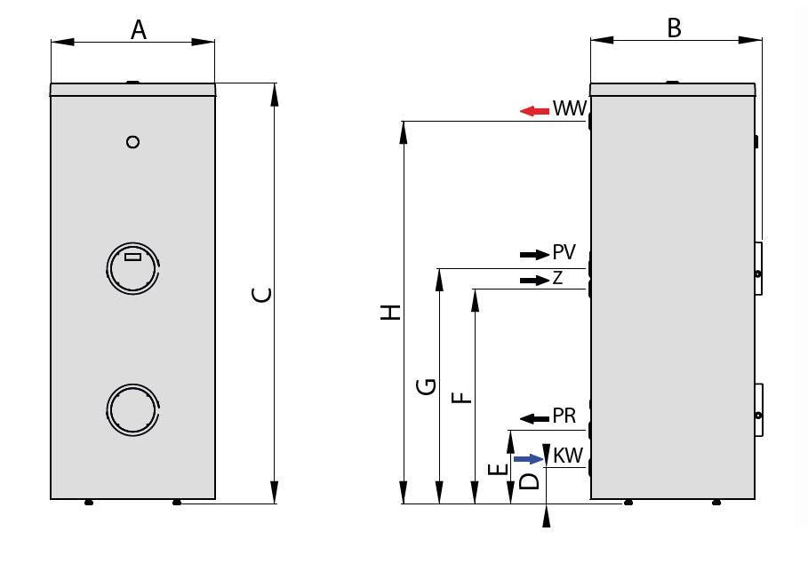 Technische Zeichnung ohne Abmaße - ThermoFlux Warmwasserspeicher TES-1WT 800 Q | Edelstahl | 1 WT  ➔ www.klimaworld.com