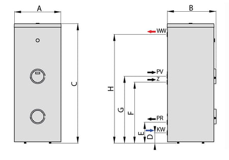 Technische Zeichnung ohne Abmaße - ThermoFlux Warmwasserspeicher TES-1WT 1000 Q | Edelstahl | 1 WT  ➔ www.klimaworld.com