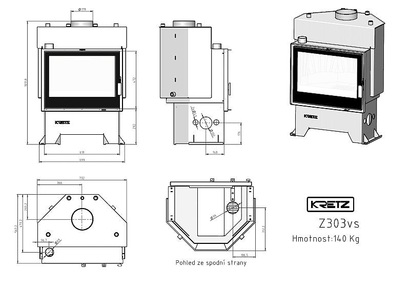 KRETZ | wassergeführter Kamineinsatz Z 303 VS | Doppelglas | 13,8 kW - technische Zeichnung