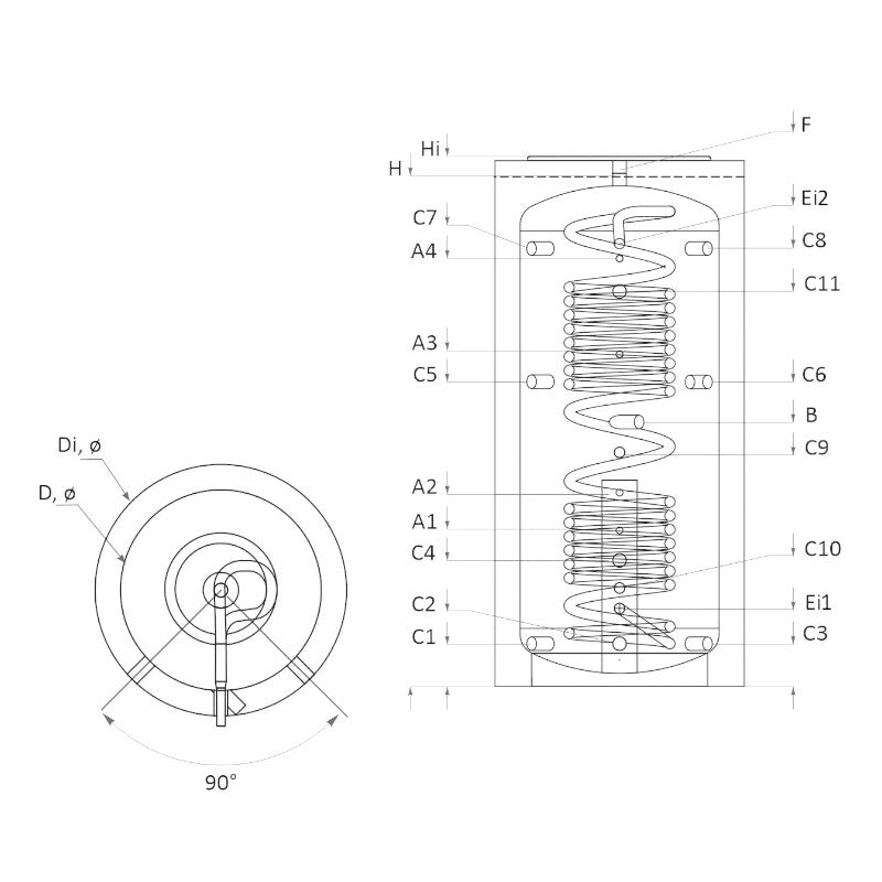 Technische Zeichnung ohne Abmaße - ThermoFlux Hygiene Kombispeicher HYGTKB ohne Wärmetauscher 800 Liter 90° Anschlüsse