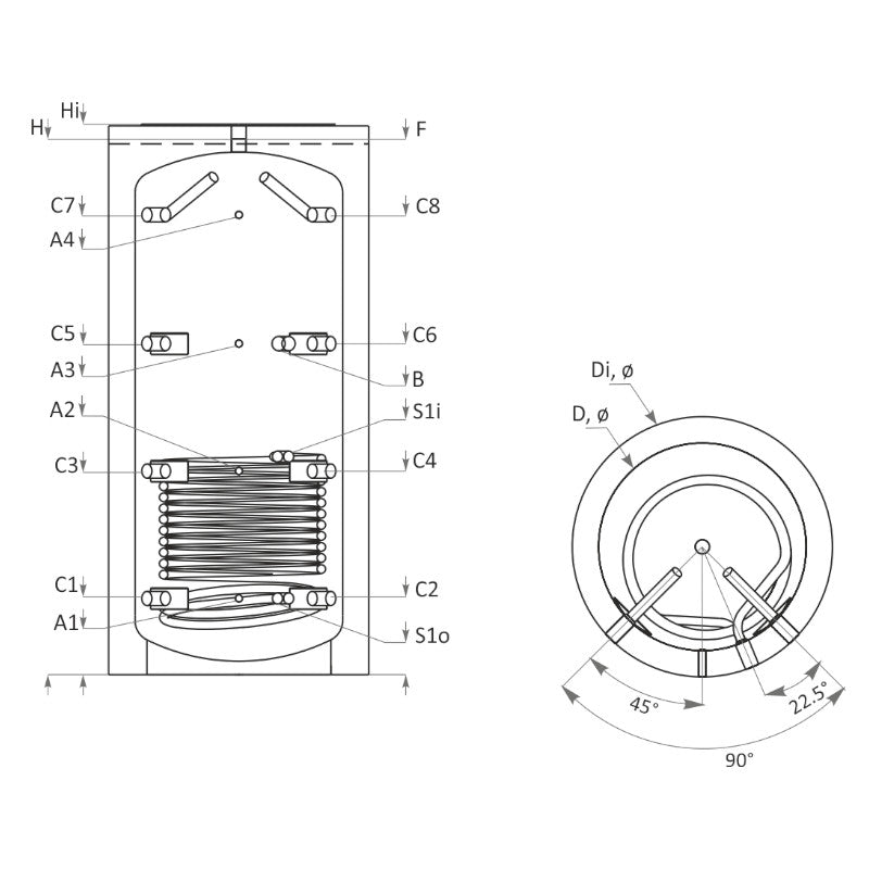 Technische Zeichnung ohne Abmaße - ThermoFlux Pufferspeicher PBM-R 1500 | ohne Isolierung | 1 WT | www.klimaworld.com