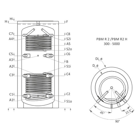 Technische Zeichnung ohne Abmaße - ThermoFlux Pufferspeicher PBM-RR 1500 | ohne Isolierung | 2 WT | www.klimaworld.com