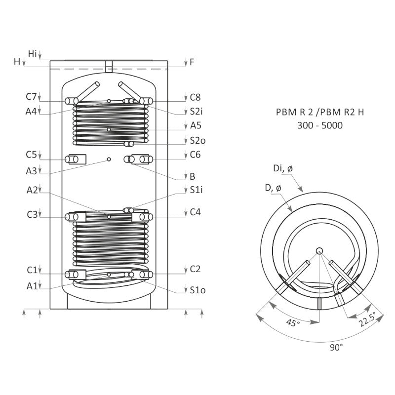 Technische Zeichnung ohne Abmaße - ThermoFlux Pufferspeicher PBM-RR 300 | ohne Isolierung | 2 WT | www.klimaworld.com