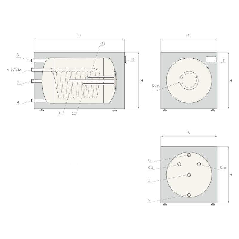 Technische Zeichnung ohne Abmaße - ThermoFlux Tiefspeicher TBWST 120 | liegender Brauchwasserspeicher