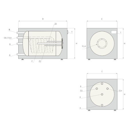 Technische Zeichnung ohne Abmaße - ThermoFlux Tiefspeicher TBWST 120 | liegender Brauchwasserspeicher