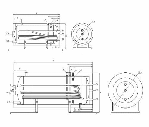 Technische Zeichnung - ThermoFlux Brauchwasserspeicher THBWS-R 1500 horizontal  | 1 WT 