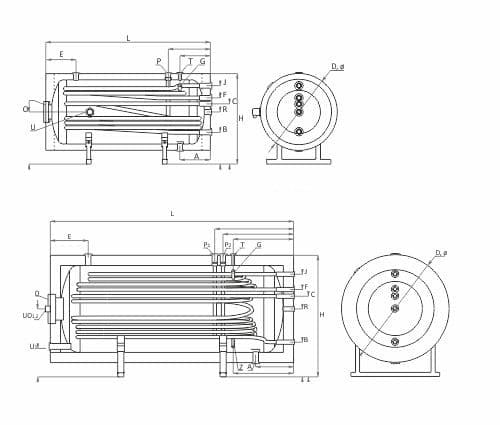 Technische Zeichnung - ThermoFlux Brauchwasserspeicher THBWS-RR 1000 horizontal  | 2 WT 