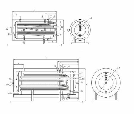 Technische Zeichnung - ThermoFlux Brauchwasserspeicher THBWS-RR 1000 horizontal  | 2 WT 