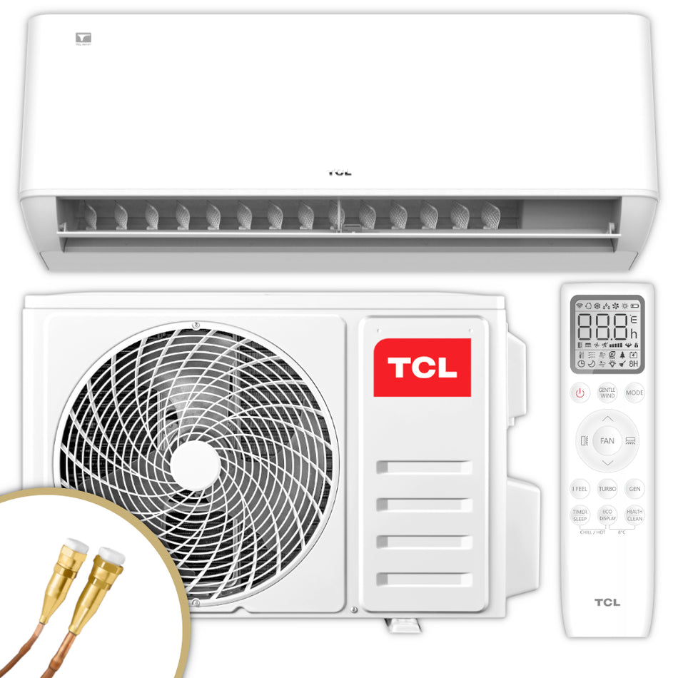 TCL weisse Split Klimaanlage, bestehend aus Aussen- und Innengeraet und einer Fernbedienung | klimaworld.com