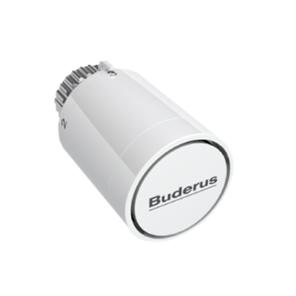 Weisser Buderus Thermostatkopf Logatrend BD1-W0 mit runder Front, Buderus Logo und Skala am Drehkopf | Klimaworld.com